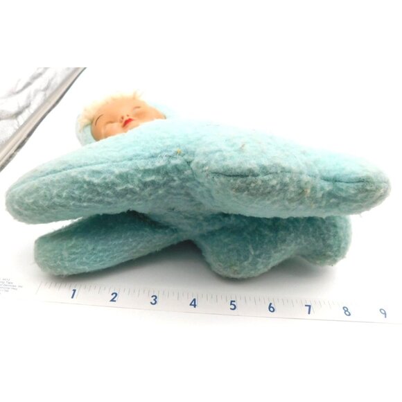 Vintage Light Blue Easter Bunny Rabbit Plastic Sleeping Baby Doll Face Plush - Picture 6 of 6